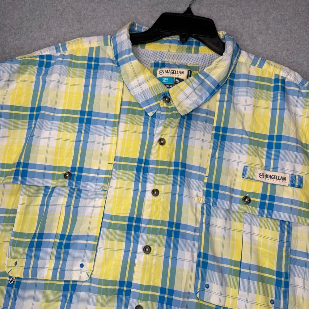 Magellan Fishing Shirt Mens 4XL Yellow Blue Plaid Aransas Pass Fish Gear Vented